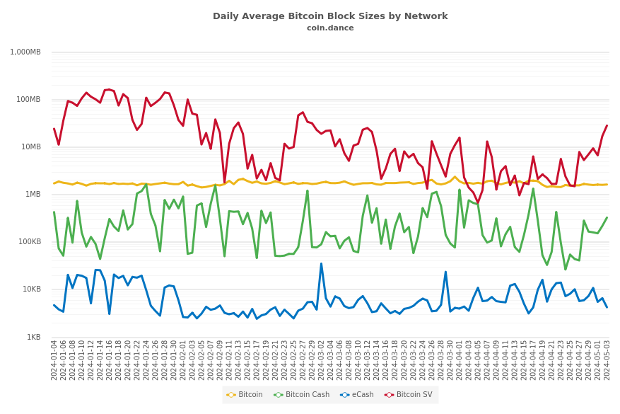 Daily Average Bitcoin Block Sizes by Network